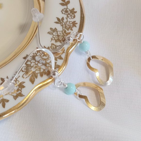 Turquoise ~ 14K YG Vintage Heart and Sterling Silver Earrings - Picture 4 of 14